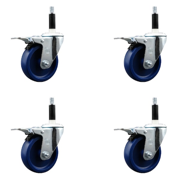 4'' Solid Poly Swivel 7/8'' Expanding Stem Caster Set Total Lock Brake, 4PK